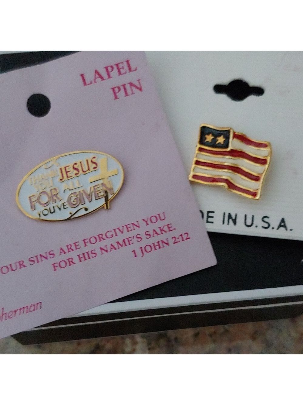 Two Lapel Pins with USA Flag and Religious Quote